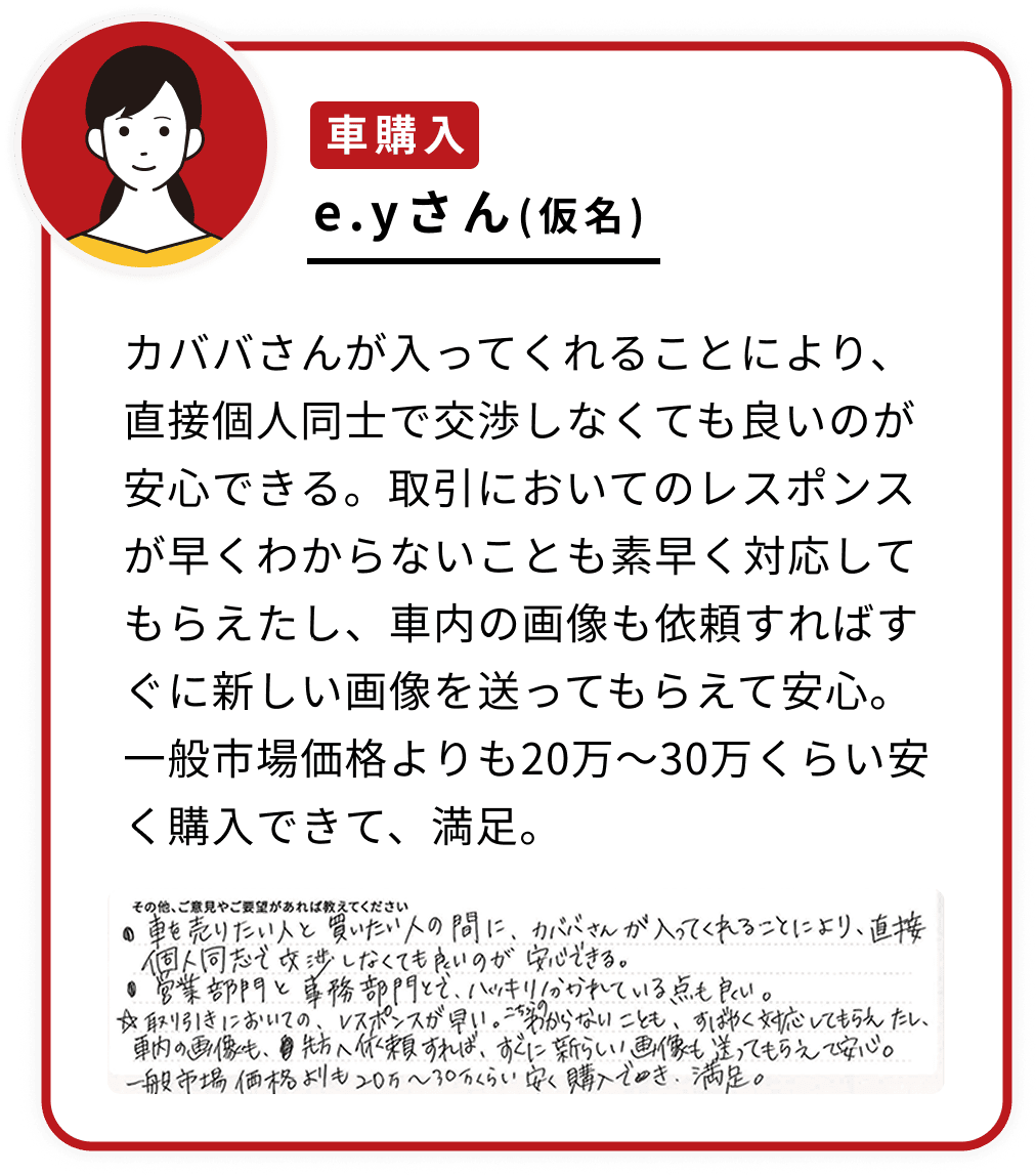 カババさんが入ってくれることにより、直接個人同士で交渉しなくても良いのが安心できる。取引においてのレスポンスが早くわからないことも素早く対応してもらえたし、車内の画像も依頼すればすぐに新しい画像を送ってもらえて安心。一般市場価格よりも20万〜30万くらい安く購入できて、満足。